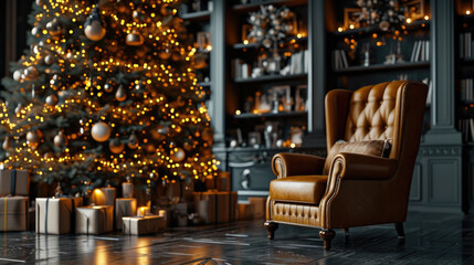 Cozy living room adorned with beautifully decorated Christmas tree and surrounded by festive presents. Perfect for holiday-themed projects and greeting cards