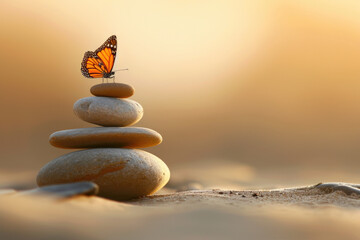 Fototapeta na wymiar Butterfly perched on stack of rocks. This image can be used to depict nature, balance, and tranquility