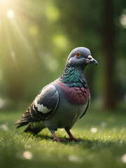 Obraz premium Enchanting Forest Scene: Close-Up of a Pigeon Amidst Verdant Green Grass, Illuminated by Warm Sunlight in 8K Quality, with a Magical Atmosphere and Perfect Composition