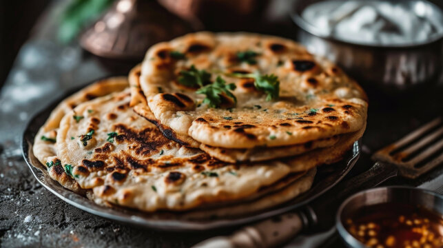 Plate of flatbreads is displayed on table. This versatile image can be used to showcase various types of bread or as background for food-related designs