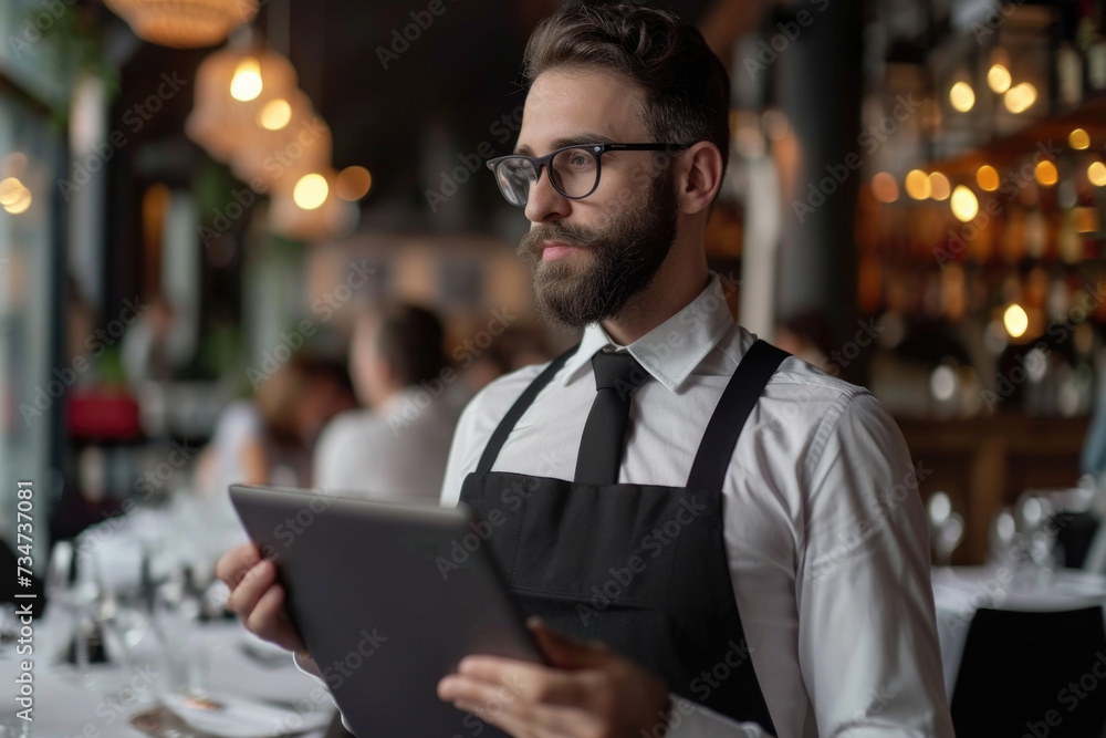 Poster man sitting in restaurant using tablet computer. suitable for technology-related articles or website