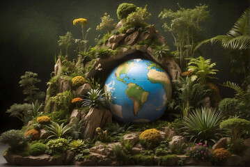 Obraz na płótnie Canvas Biodiversity day representation of the earth with a background of beautiful ecosystems.