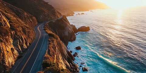A coastal highway with sheer cliffs on one side and a turquoise ocean on the other, as the sun rises over the water - obrazy, fototapety, plakaty
