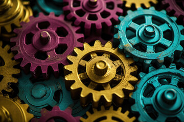 Close up of bunch of colorful gears. This image can be used to represent mechanics, engineering, technology, or teamwork