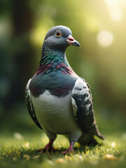 Enchanting Forest Scene: Close-Up of a Pigeon Amidst Verdant Green Grass, Illuminated by Warm Sunlight in 8K Quality, with a Magical Atmosphere and Perfect Composition