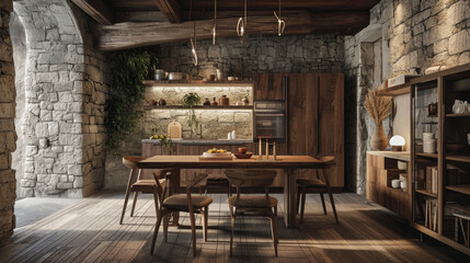 Dining room featuring rustic stone wall and sturdy wooden table. Perfect for adding touch of natural beauty to any interior design.