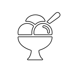 Ice cream cup line icon, black outline on white. Three balls of frozen custard or sorbet in glass with spoon. Vector clipart sign or minimalist logo for web design, illustration of summer street food.