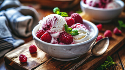 Bowl filled with ice cream and raspberries. Perfect for refreshing summer treat