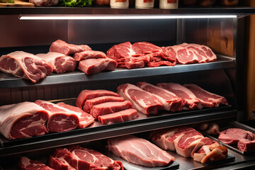 Butcher shop showcase with raw meat