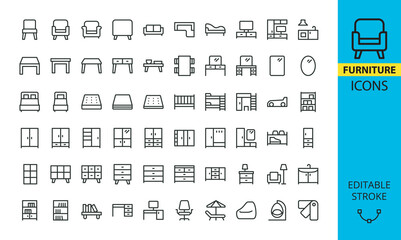 Furniture icon set. Vector symbols with editable stroke - obrazy, fototapety, plakaty