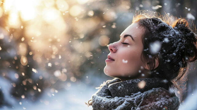 Woman with her eyes closed, standing in snow. This image can be used to depict relaxation, mindfulness, or serenity in winter setting