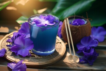 Blue butterfly pea flower tea in tropical setting.