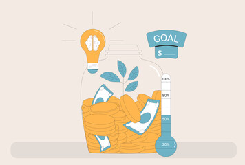 Financial achievement goal progress concept. Fundraising event. Thermometer, idea and moneybox.
