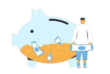 Save money. Teenage boy standing near big transparent piggy bank with coins and banknotes