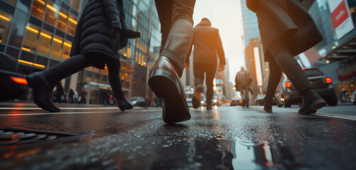 Busy Urban Professionals Walking on City Street During Rush Hour. Low Angle View of Businesspeople's Shoes in Motion, Business District Concept. 