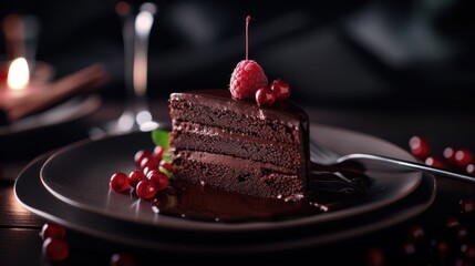 Chocolate cake slice garnished with raspberries
