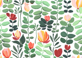 Gouache, floral seamless pattern of green abstract plants with colorful abstract flowers. Isolated illustration with hand drawn design elements for textile, wallpapers or background, drawing print. - 734738041