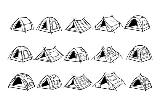 Camping tents vector outline sketch illustration set