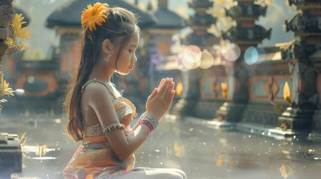 a little girl who is praying that her wish will come true. seamless looping time-lapse virtual 4k video Animation Background.