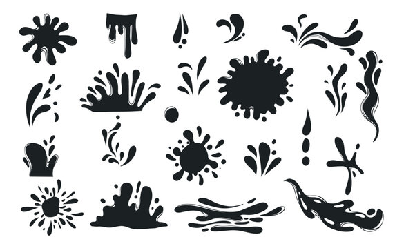 Black water splashes. Abstract wet splatter drops for tattoo design, river wave ripple stain splash simple marine environment doodle. Vector isolated set. Different dirt or ink shape