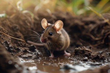 Curious wild mouse peeking out of a burrow in a natural habitat.