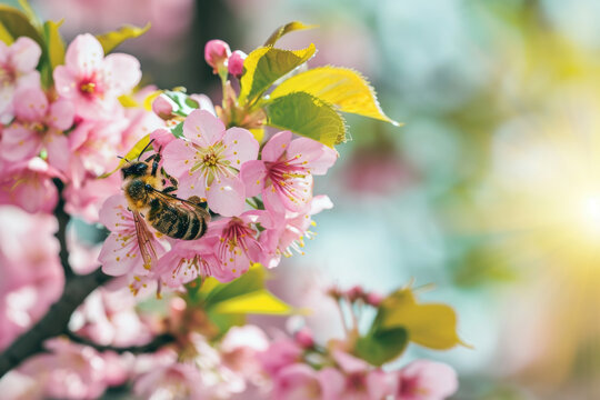 Bee perched on branch of pink flowered tree. This image can be used to depict nature, pollination, springtime, or gardening
