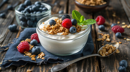 Delicious bowl of yogurt topped with fresh berries and crunchy granola. Perfect for healthy breakfast or snack