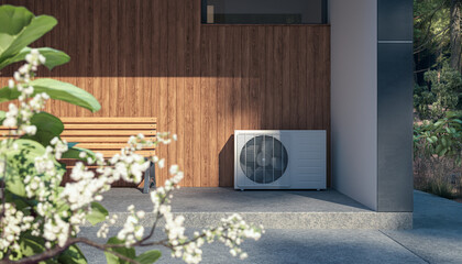 Air heat pump installed at a modern sustainable home - 3D visualisation