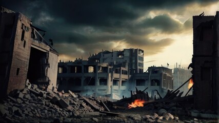 warzone with destroyed building fire and bombing