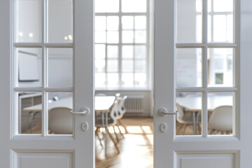 Clear view of dining room seen through glass door. This image can be used to showcase interior design or as representation of modern living space