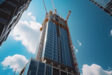 Construction site of a high-rise building with cranes against a blue sky.