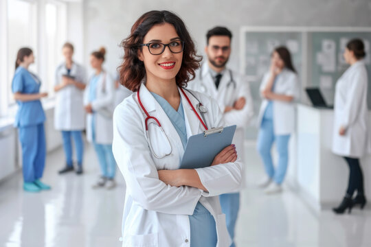 Woman wearing lab coat stands confidently in front of group of doctors. This image can be used to represent leadership, expertise, or collaboration in medical field