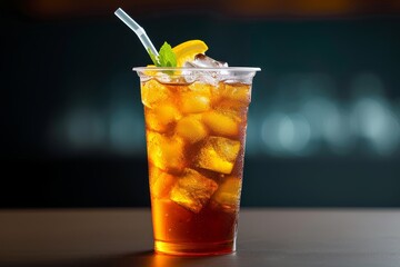 Refreshing iced tea with lemon slice and mint in a takeaway cup.