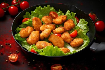 Crispy chicken nuggets in a frying pan with fresh salad.