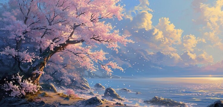 Morning light casting a warm glow on dew-kissed cherry blossoms, with the boundless sea and sky as a breathtaking backdrop.