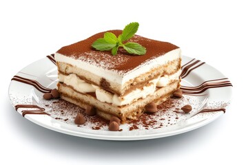 Classic tiramisu dessert dusted with cocoa on a white plate.
