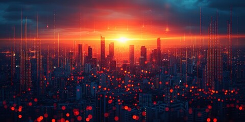 Red digital cityscape with dynamic financial data visualization, sunset.