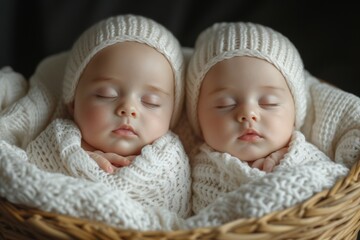 Sleeping newborn twins in a basket, wrapped in white blankets