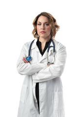 Fototapeta premium Beautiful youthful middle aged woman nurse or female doctor medical professional healthcare worker with standing with arms crossed and stern serious expression isolated on white background