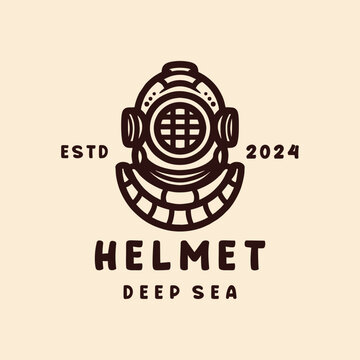 Diver Helmet Monoline Logo Classic Vector, Equipment Icon Symbol, Mask Underwater Creative Vintage graphic Design.