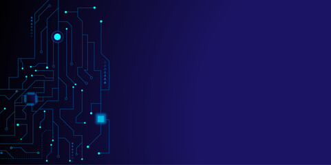 Abstract Technology Background, blue circuit board pattern. Connection system, digital data and high-tech technology geometric design on dark blue background.