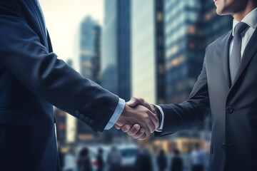 Business handshake after a good deal with the city downtown in the background.