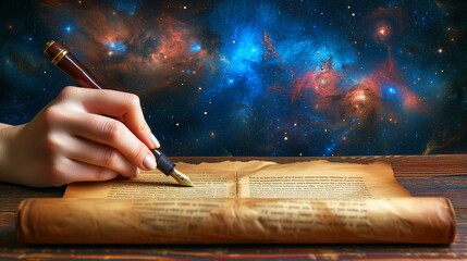 hand writes with a fountain pen on an old manuscript with a vast, colorful nebula in the background