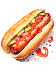 Watercolor illustration of a hotdog with mustard and ketchup on white background 