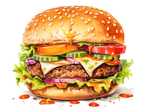 Watercolor Illustration of a cheese burger on white background 