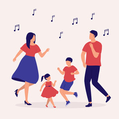 Family With Two Little Children Dancing Together With Music. Full Length. Flat Design.