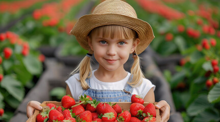 Cute little girl in a hat on a farm holding a wooden box of ripe juicy red strawberries