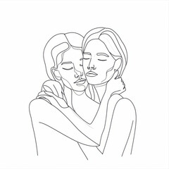 Generative AI image of line art drawing of two female hugging each other, in the style of minimalist beauty