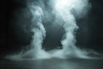 Space for displaying products is dramatically enhanced by presence of swirling white smoke dark enigmatic background setting creates sense of abstract beauty and motion smoke