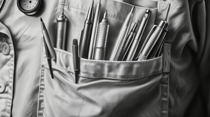 moment of everyday organization, with pens and pencils of various designs neatly arranged in a beige pocket